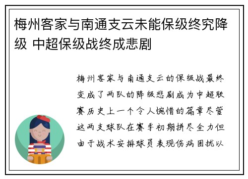 梅州客家与南通支云未能保级终究降级 中超保级战终成悲剧 梅州客家与南通支云未能保级终究降级 中超保级战终成悲剧